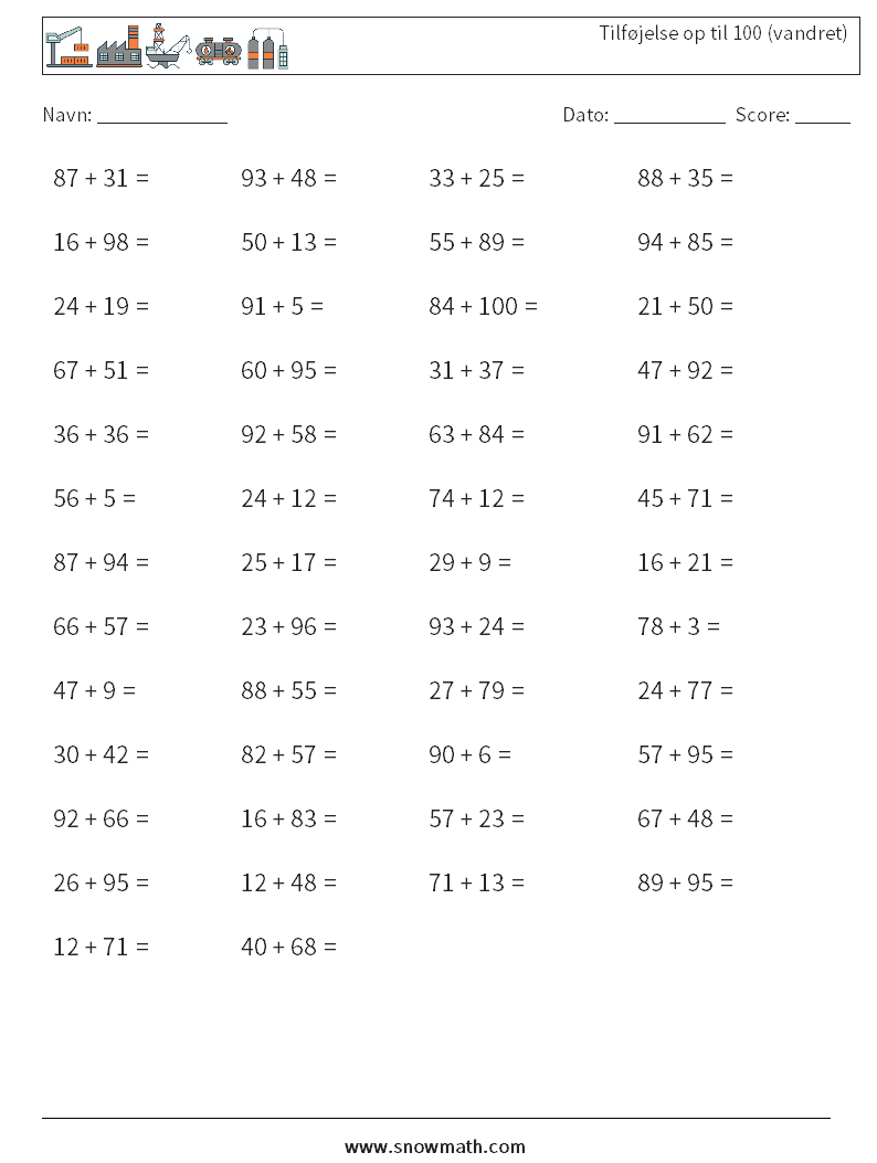 (50) Tilføjelse op til 100 (vandret) Matematiske regneark 2