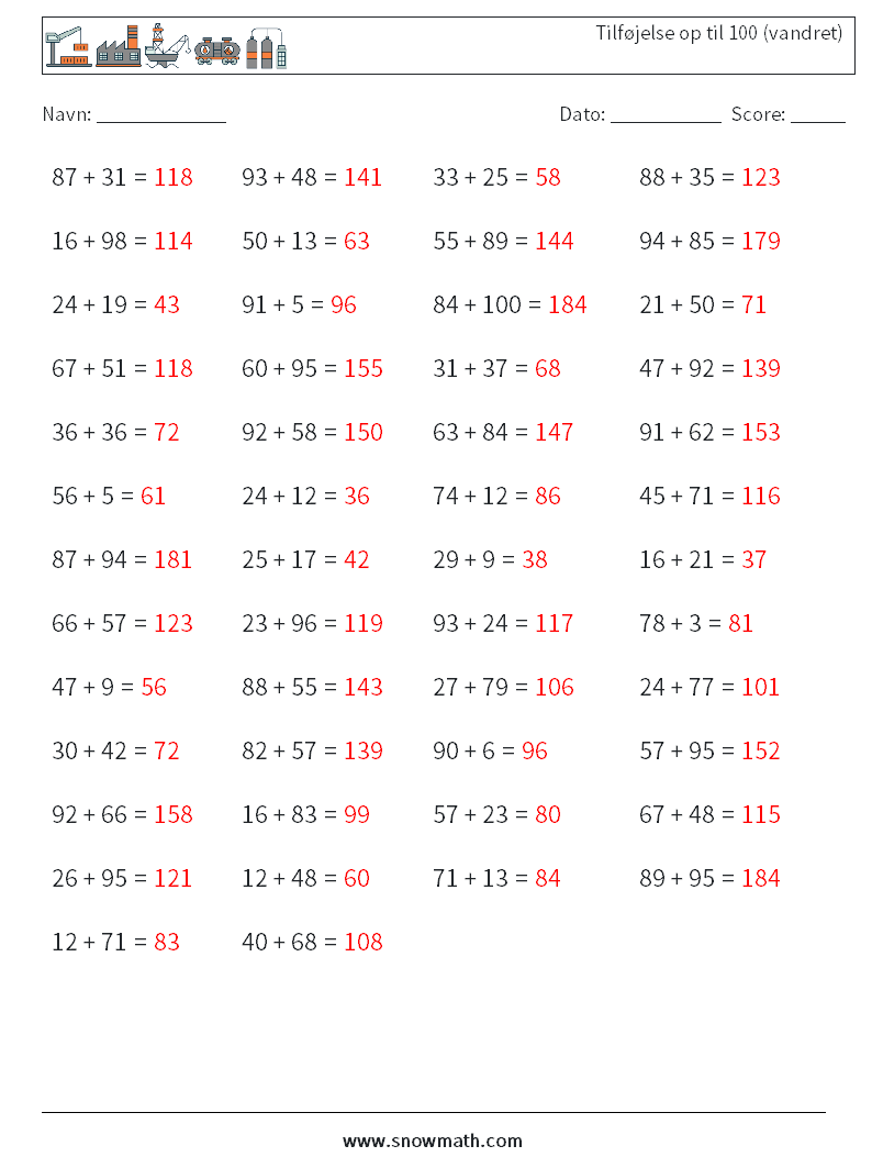 (50) Tilføjelse op til 100 (vandret) Matematiske regneark 2 Spørgsmål, svar