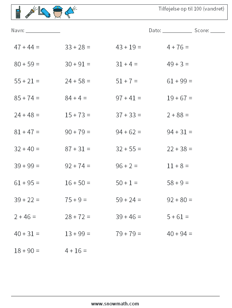 (50) Tilføjelse op til 100 (vandret) Matematiske regneark 3