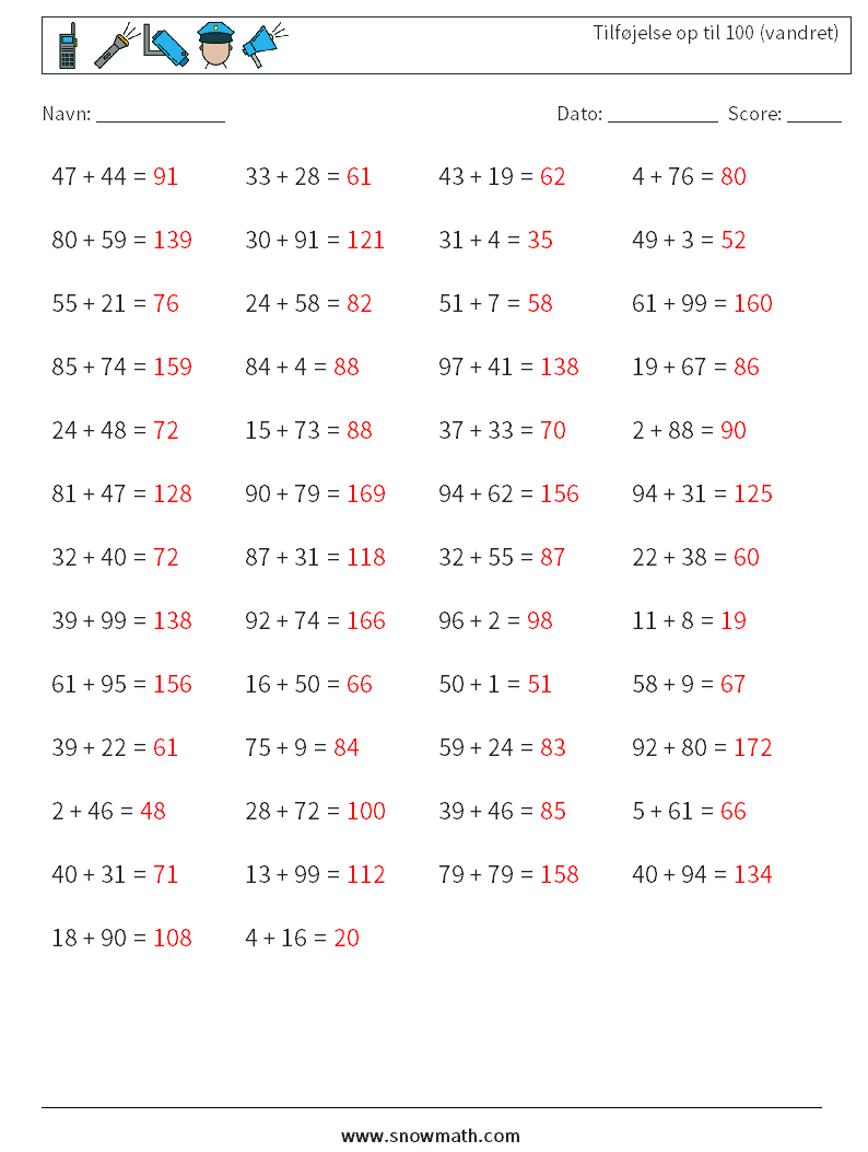 (50) Tilføjelse op til 100 (vandret) Matematiske regneark 3 Spørgsmål, svar