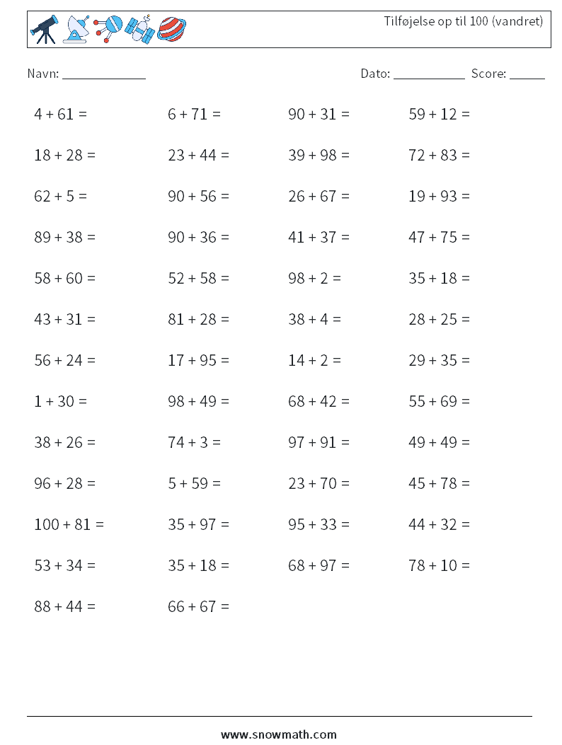 (50) Tilføjelse op til 100 (vandret) Matematiske regneark 4
