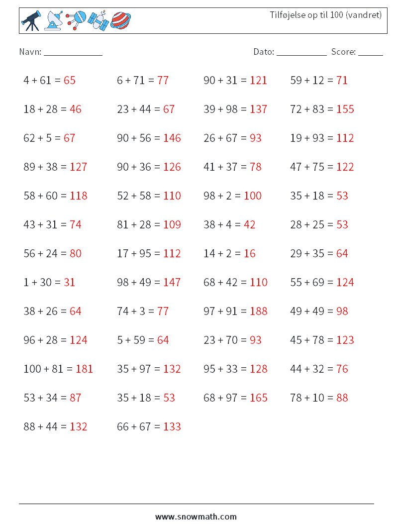 (50) Tilføjelse op til 100 (vandret) Matematiske regneark 4 Spørgsmål, svar