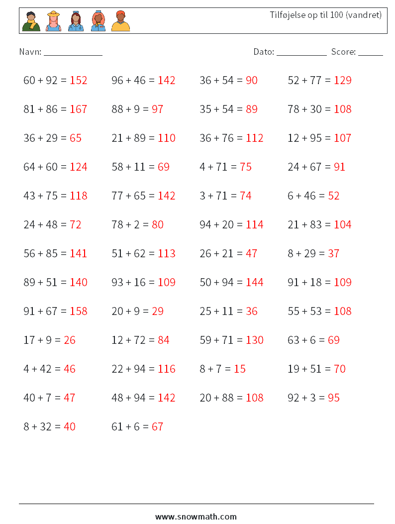 (50) Tilføjelse op til 100 (vandret) Matematiske regneark 5 Spørgsmål, svar