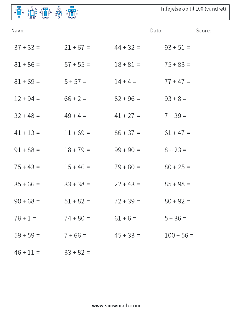 (50) Tilføjelse op til 100 (vandret) Matematiske regneark 6