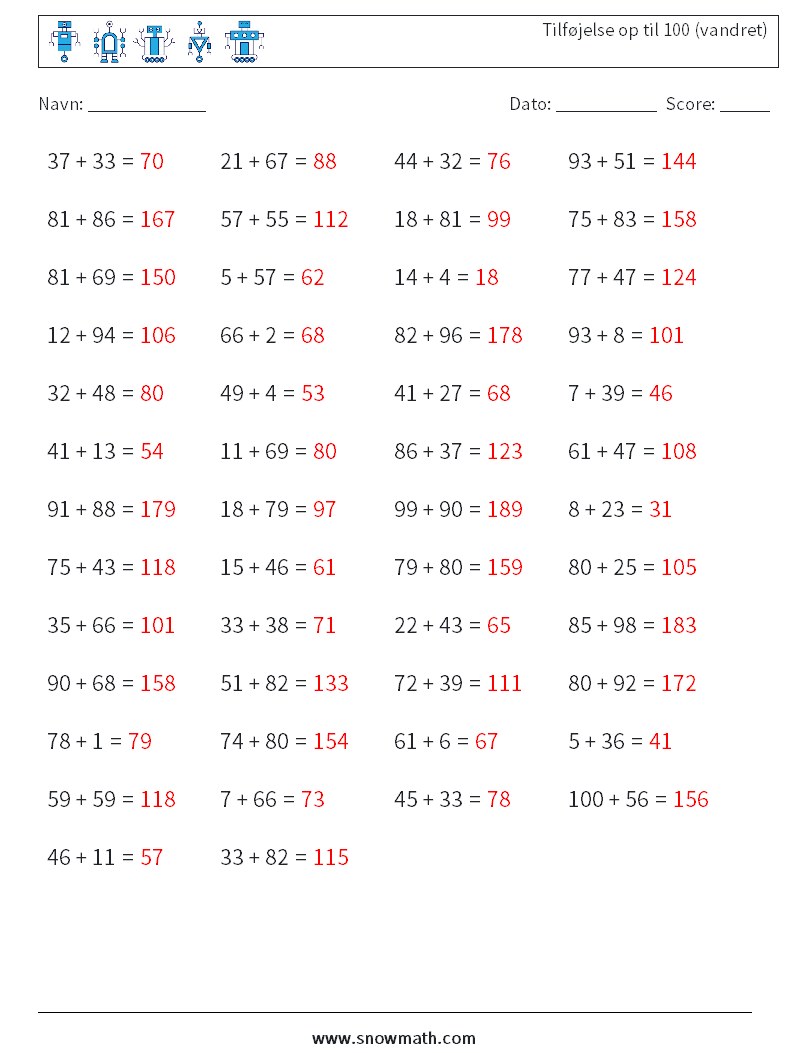 (50) Tilføjelse op til 100 (vandret) Matematiske regneark 6 Spørgsmål, svar