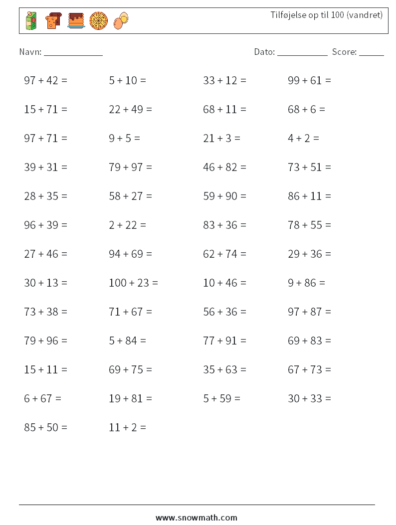 (50) Tilføjelse op til 100 (vandret) Matematiske regneark 7