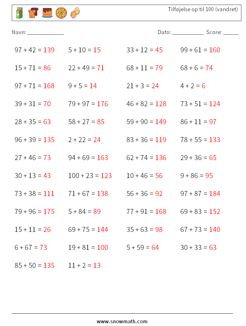 (50) Tilføjelse op til 100 (vandret) Matematiske regneark 7 Spørgsmål, svar