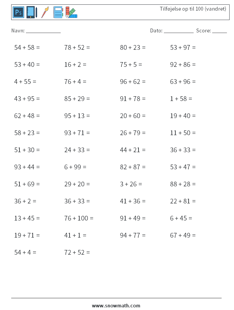 (50) Tilføjelse op til 100 (vandret) Matematiske regneark 8