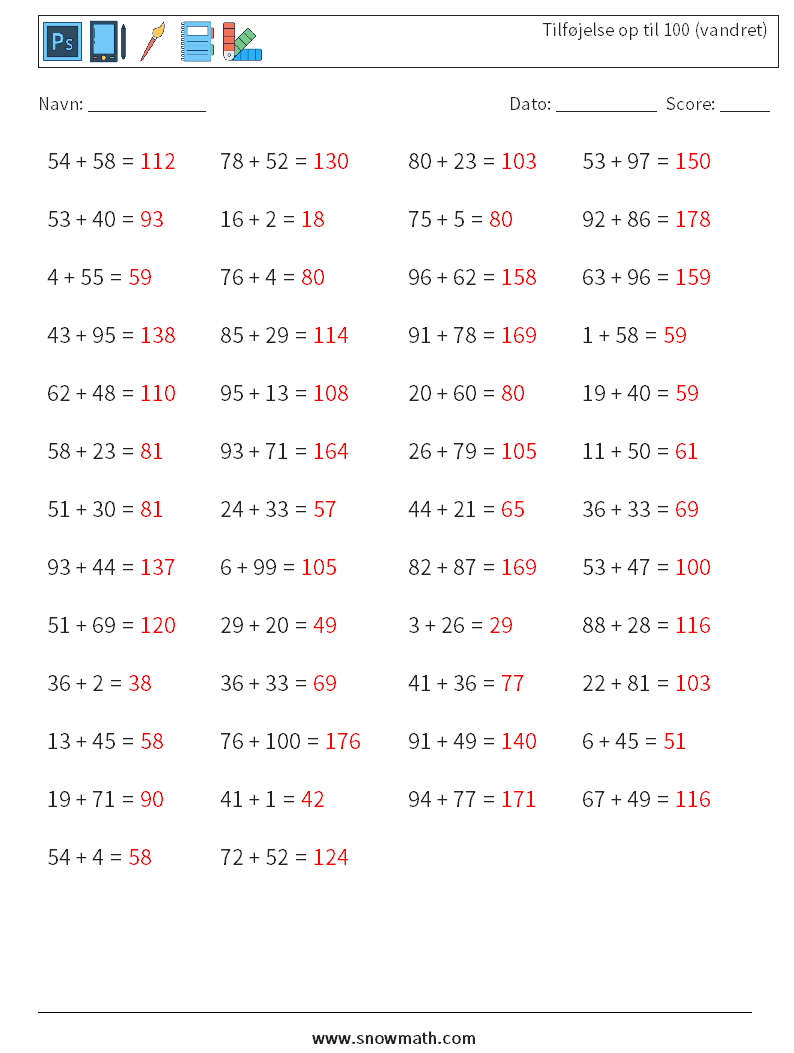 (50) Tilføjelse op til 100 (vandret) Matematiske regneark 8 Spørgsmål, svar