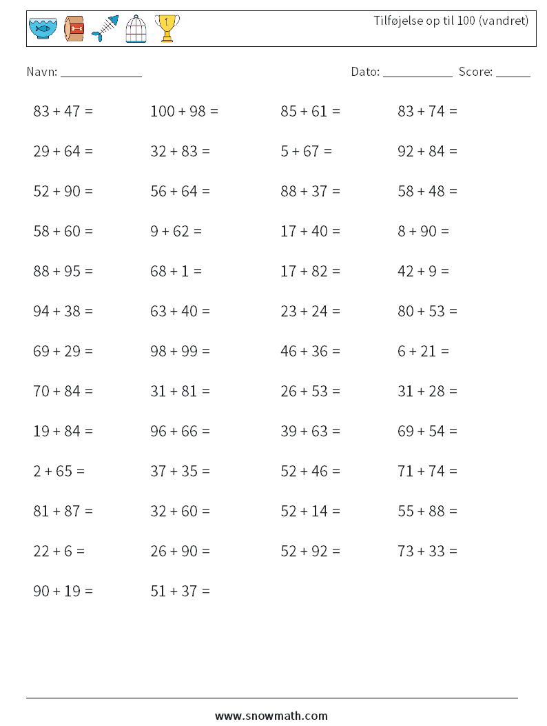 (50) Tilføjelse op til 100 (vandret) Matematiske regneark 9