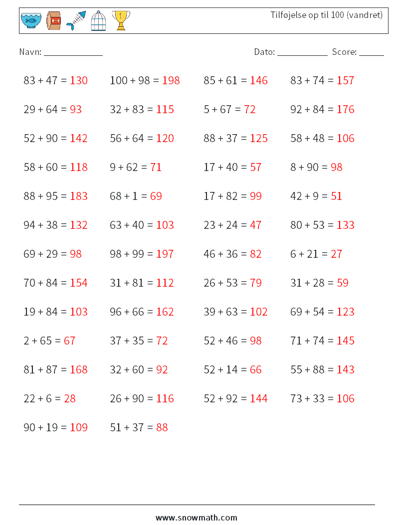 (50) Tilføjelse op til 100 (vandret) Matematiske regneark 9 Spørgsmål, svar