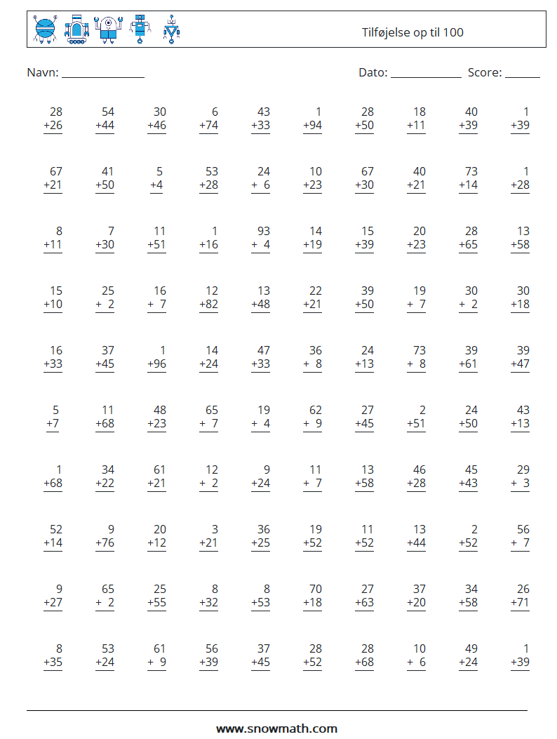 (100) Tilføjelse op til 100 Matematiske regneark 1