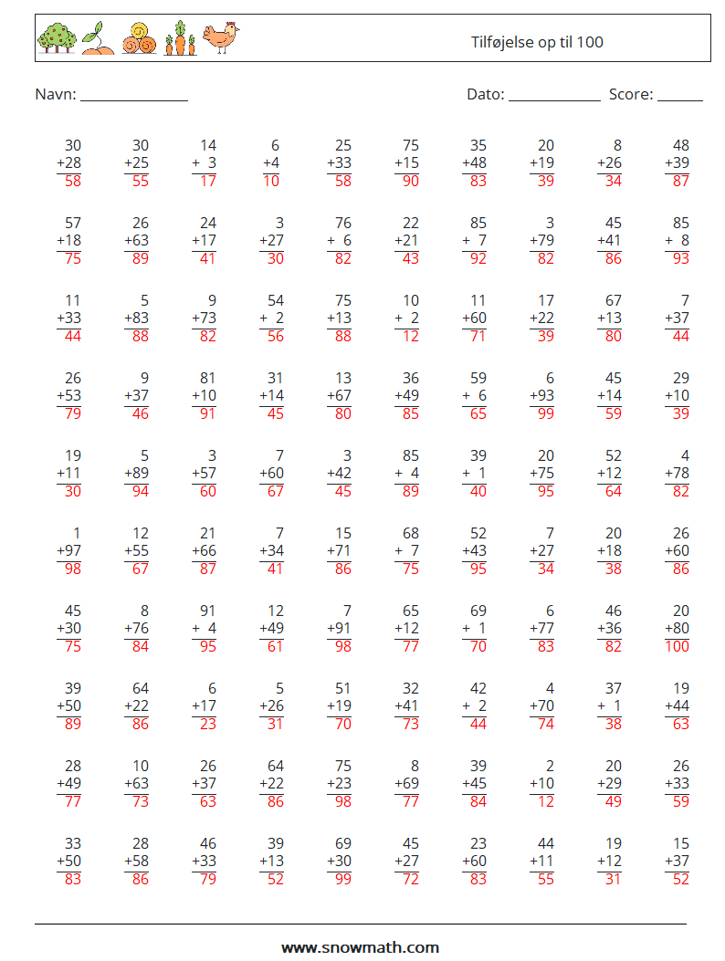 (100) Tilføjelse op til 100 Matematiske regneark 10 Spørgsmål, svar