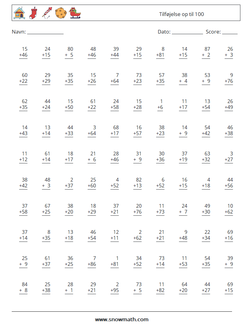 (100) Tilføjelse op til 100 Matematiske regneark 11