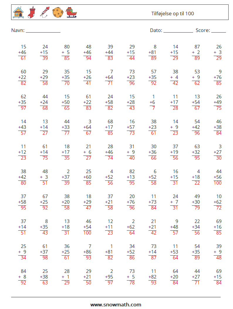 (100) Tilføjelse op til 100 Matematiske regneark 11 Spørgsmål, svar