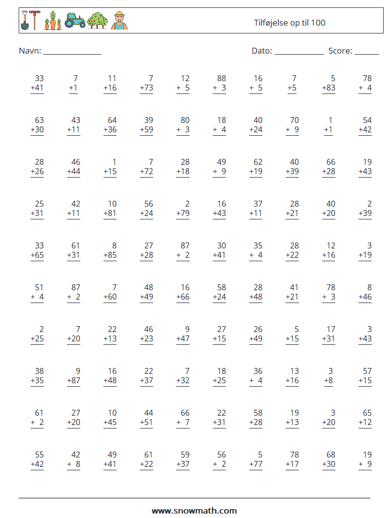 (100) Tilføjelse op til 100 Matematiske regneark 12