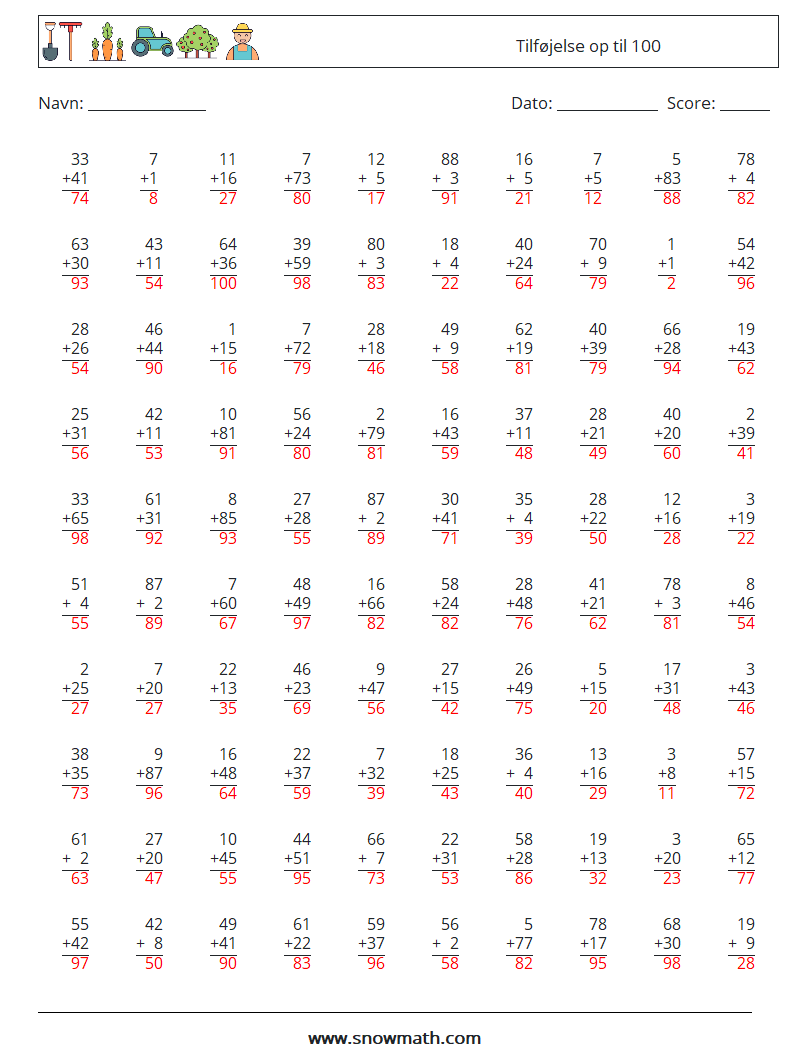 (100) Tilføjelse op til 100 Matematiske regneark 12 Spørgsmål, svar