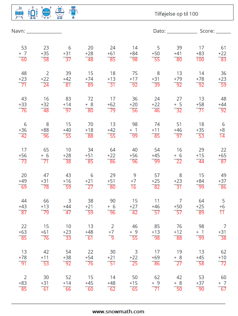 (100) Tilføjelse op til 100 Matematiske regneark 13 Spørgsmål, svar