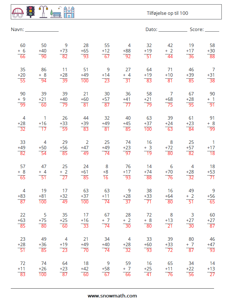 (100) Tilføjelse op til 100 Matematiske regneark 14 Spørgsmål, svar