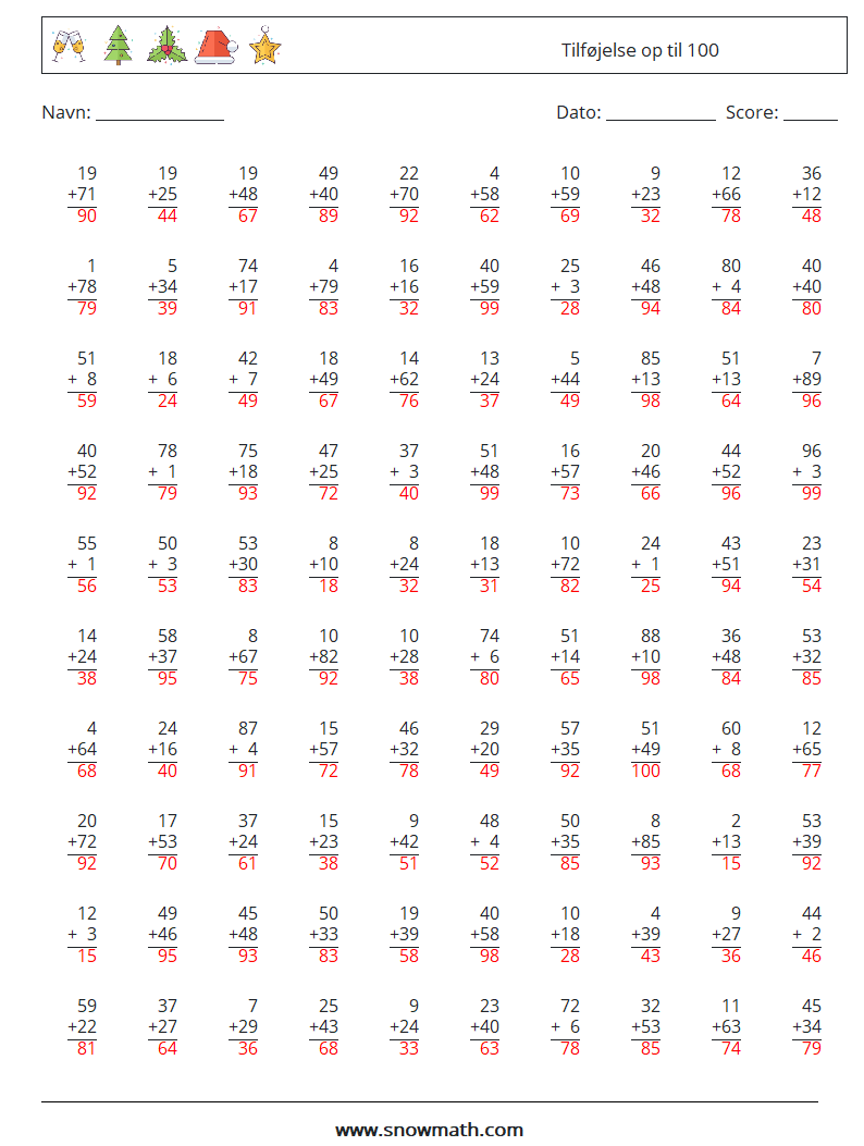 (100) Tilføjelse op til 100 Matematiske regneark 15 Spørgsmål, svar