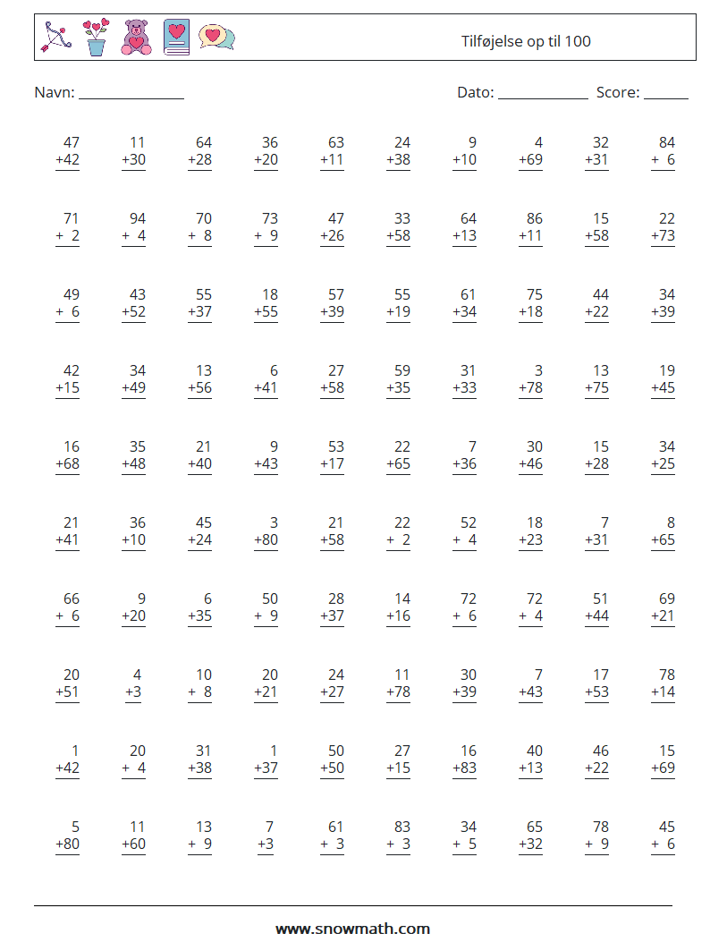 (100) Tilføjelse op til 100 Matematiske regneark 16