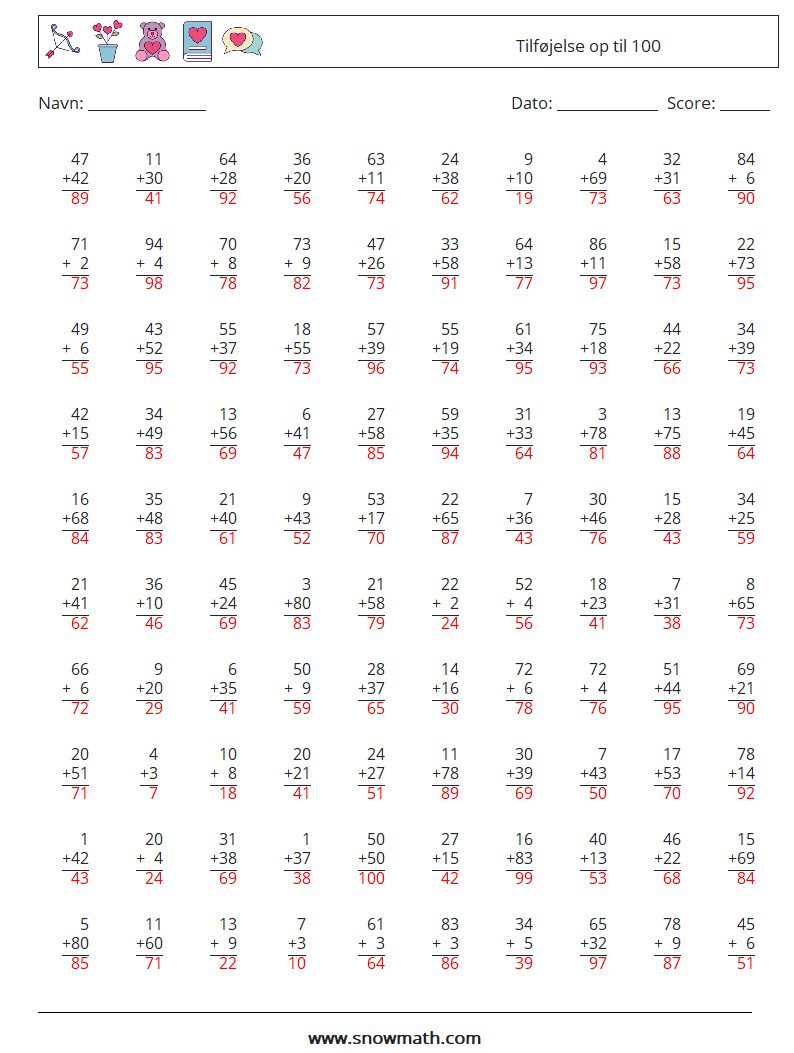 (100) Tilføjelse op til 100 Matematiske regneark 16 Spørgsmål, svar