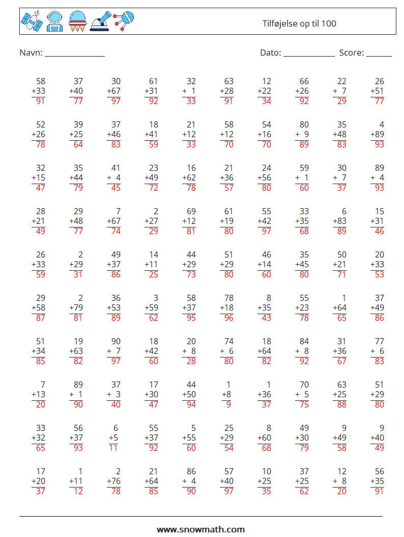 (100) Tilføjelse op til 100 Matematiske regneark 17 Spørgsmål, svar