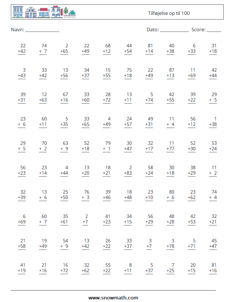 (100) Tilføjelse op til 100 Matematiske regneark 18