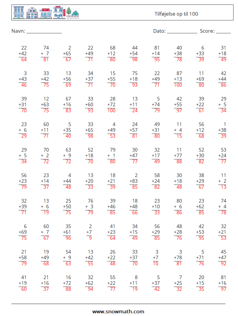 (100) Tilføjelse op til 100 Matematiske regneark 18 Spørgsmål, svar