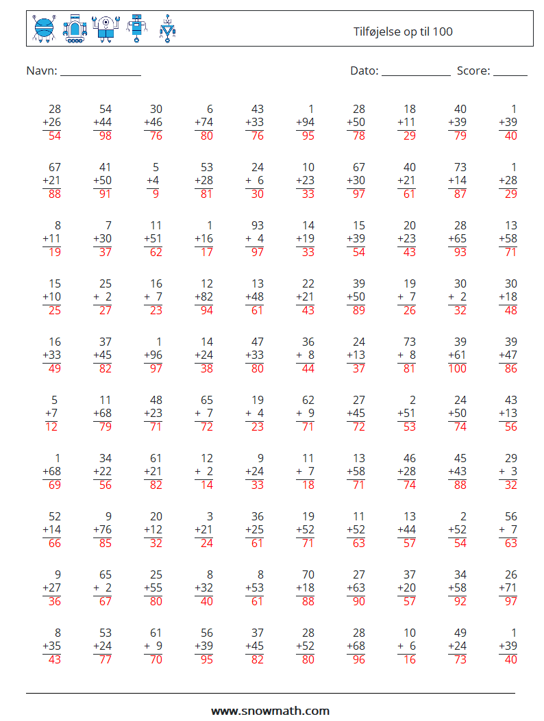 (100) Tilføjelse op til 100 Matematiske regneark 1 Spørgsmål, svar