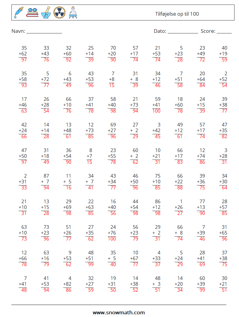 (100) Tilføjelse op til 100 Matematiske regneark 2 Spørgsmål, svar