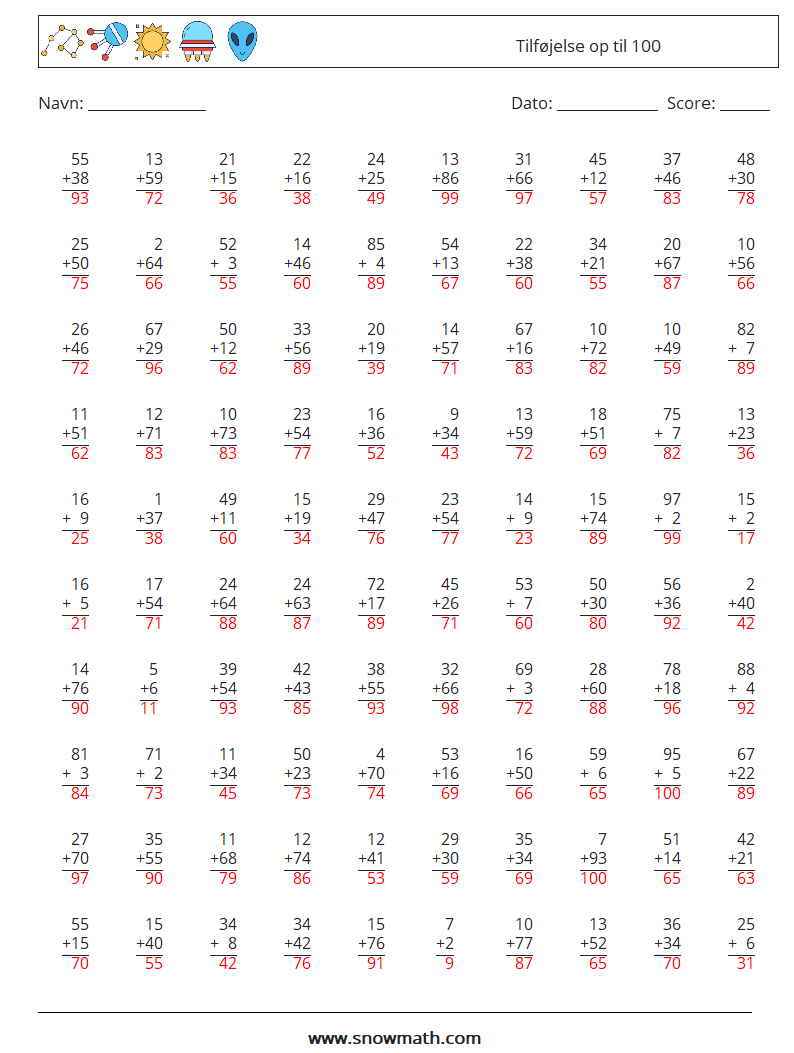 (100) Tilføjelse op til 100 Matematiske regneark 3 Spørgsmål, svar