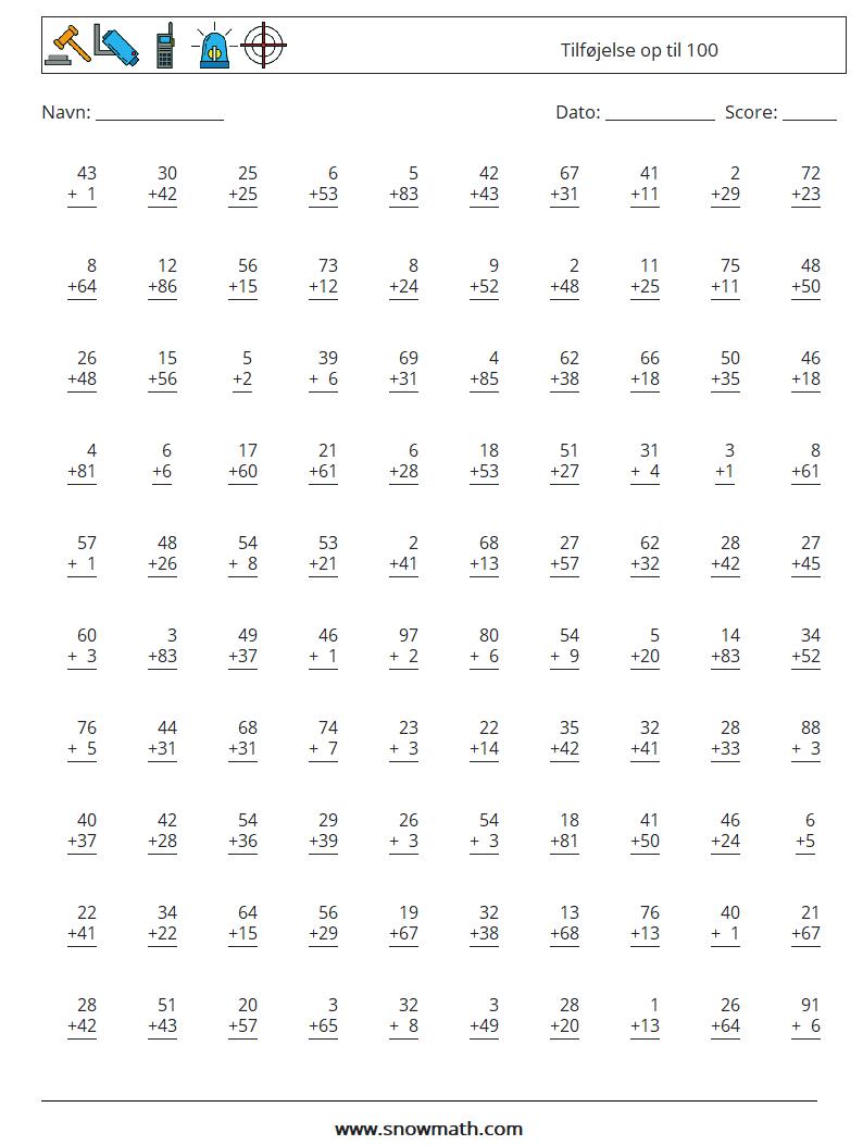 (100) Tilføjelse op til 100 Matematiske regneark 4