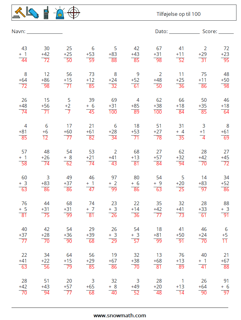 (100) Tilføjelse op til 100 Matematiske regneark 4 Spørgsmål, svar