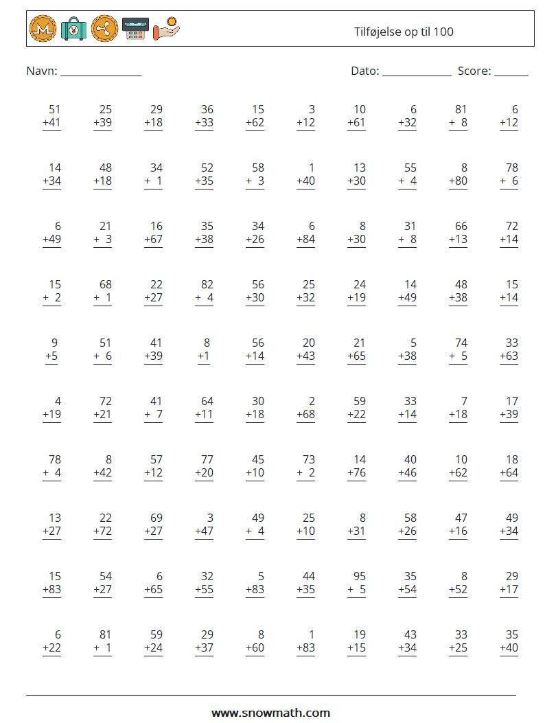 (100) Tilføjelse op til 100 Matematiske regneark 5