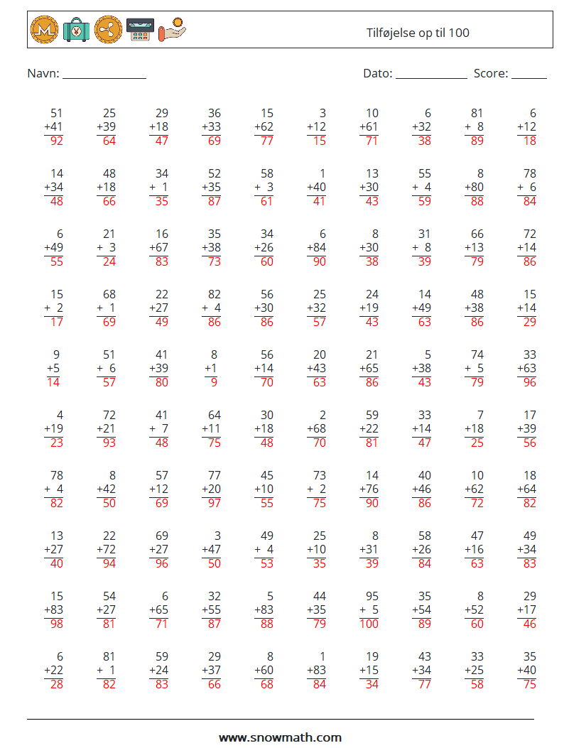 (100) Tilføjelse op til 100 Matematiske regneark 5 Spørgsmål, svar