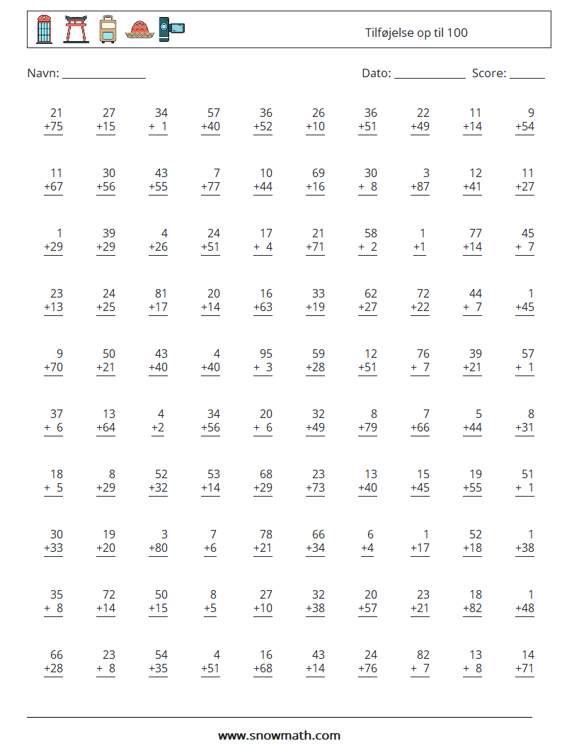 (100) Tilføjelse op til 100 Matematiske regneark 7