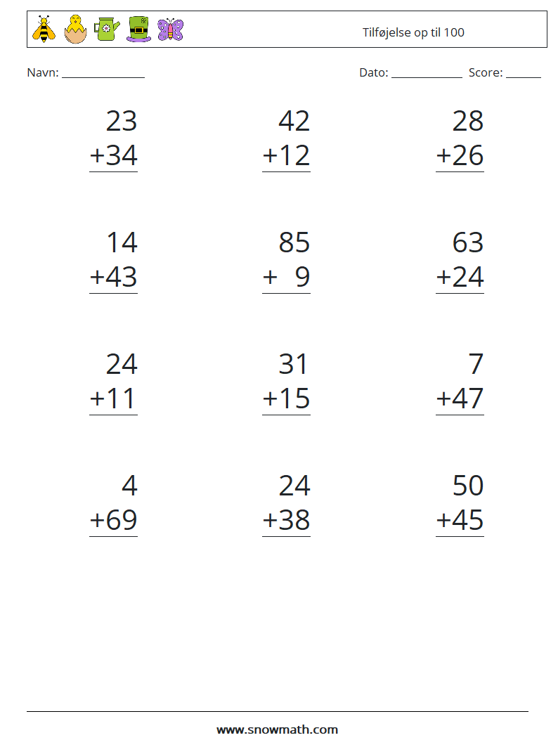 (12) Tilføjelse op til 100 Matematiske regneark 1