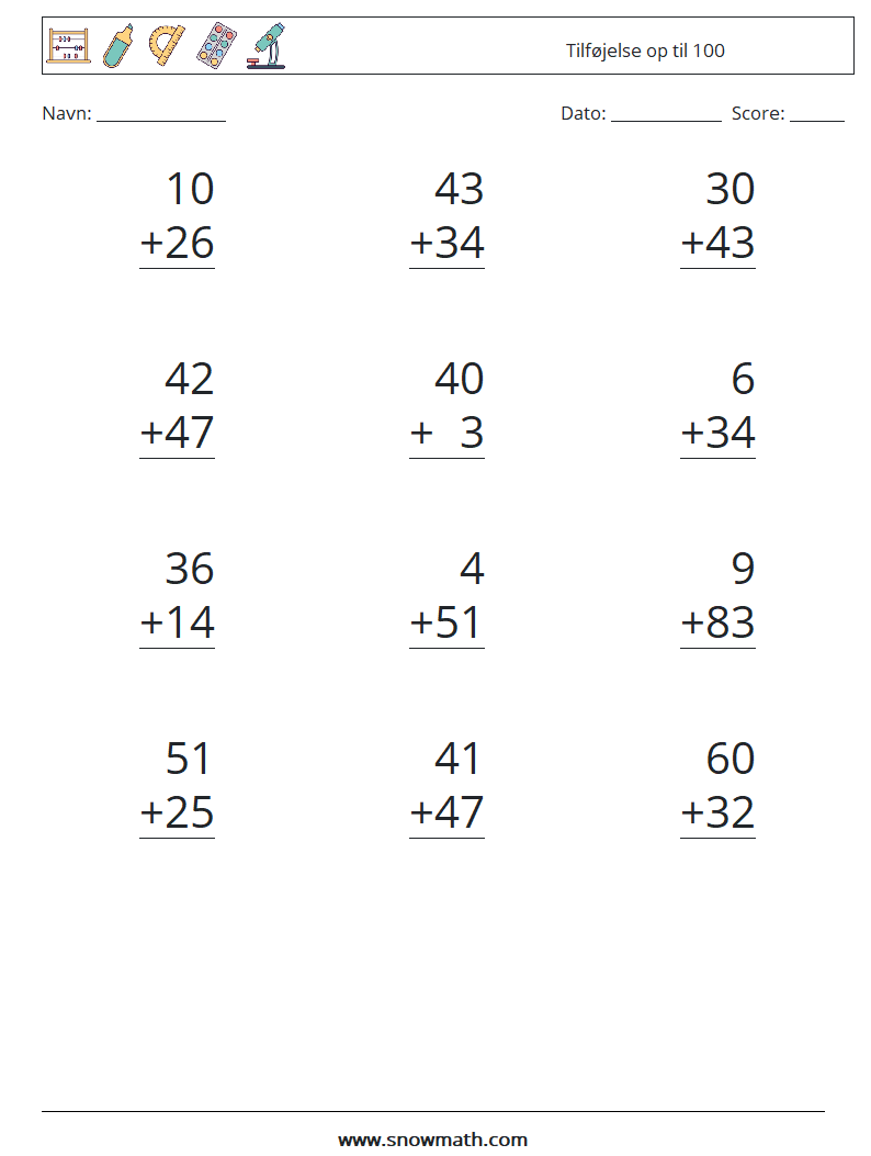 (12) Tilføjelse op til 100 Matematiske regneark 10