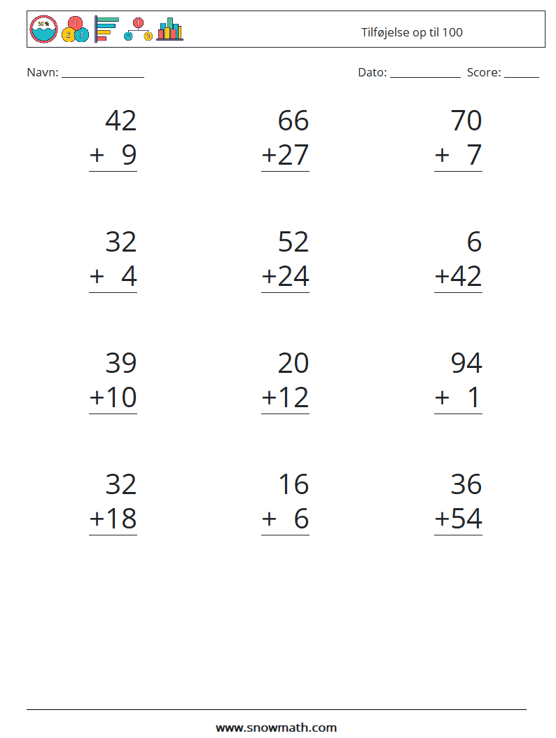 (12) Tilføjelse op til 100 Matematiske regneark 11