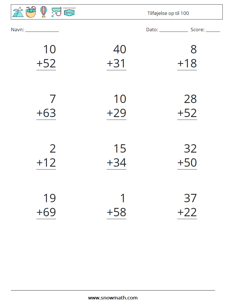 (12) Tilføjelse op til 100 Matematiske regneark 14