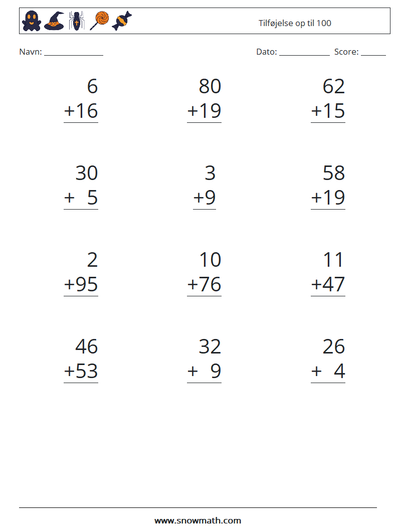 (12) Tilføjelse op til 100 Matematiske regneark 15