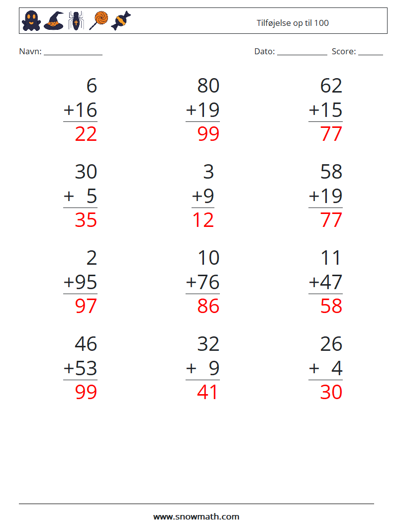 (12) Tilføjelse op til 100 Matematiske regneark 15 Spørgsmål, svar