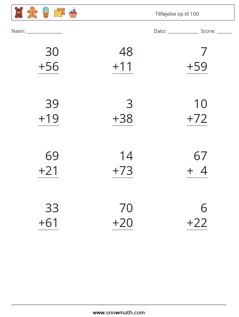 (12) Tilføjelse op til 100 Matematiske regneark 16