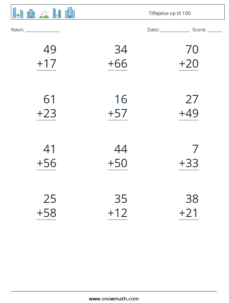 (12) Tilføjelse op til 100 Matematiske regneark 18