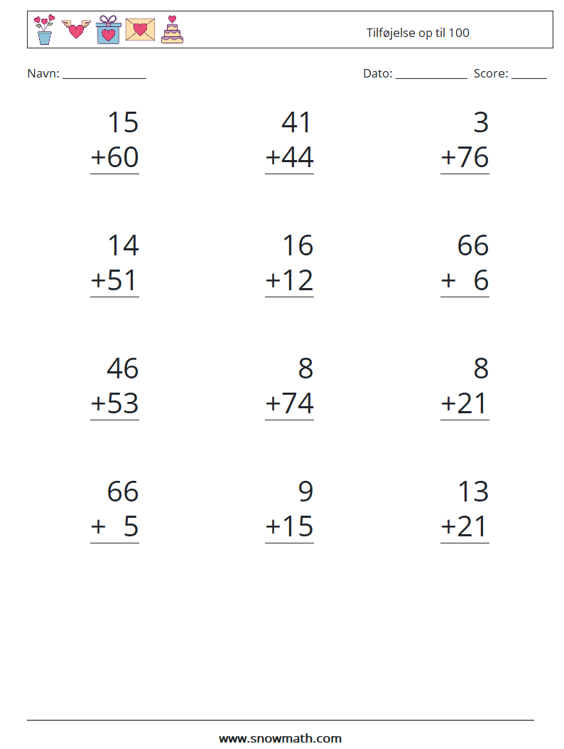 (12) Tilføjelse op til 100 Matematiske regneark 2