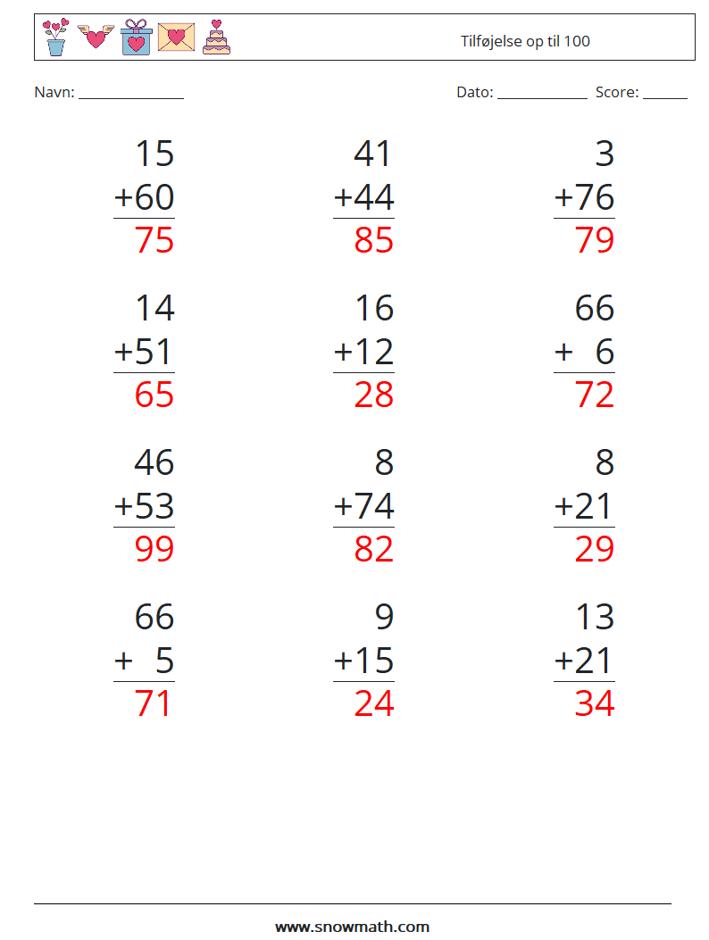 (12) Tilføjelse op til 100 Matematiske regneark 2 Spørgsmål, svar