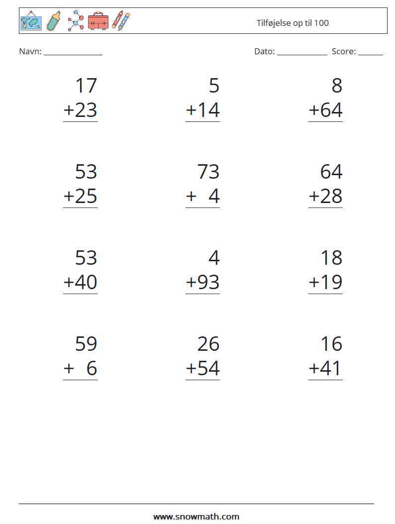 (12) Tilføjelse op til 100 Matematiske regneark 3