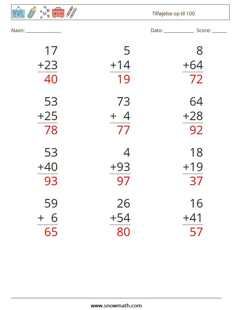 (12) Tilføjelse op til 100 Matematiske regneark 3 Spørgsmål, svar