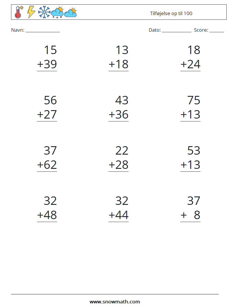 (12) Tilføjelse op til 100 Matematiske regneark 4